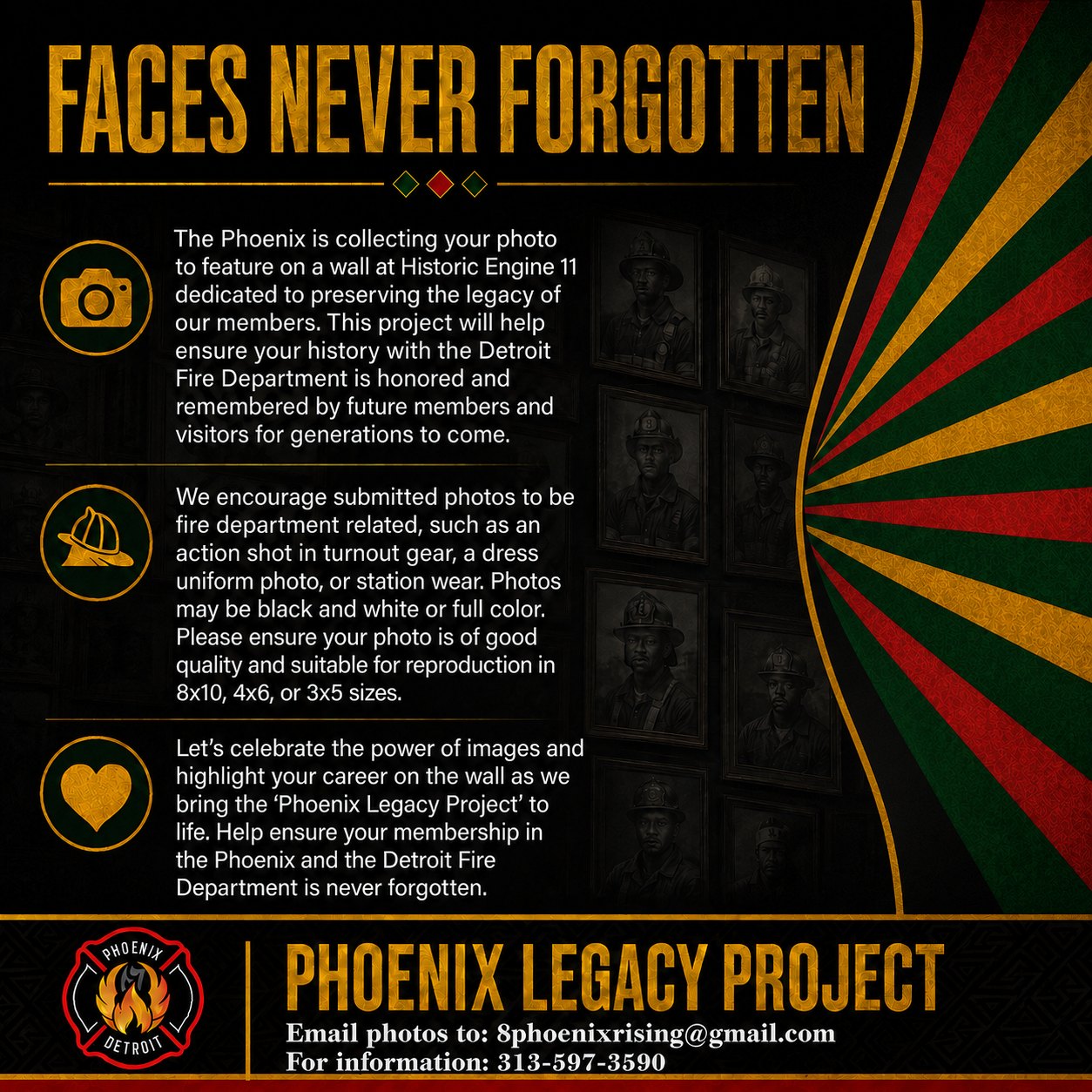 Phoenix Legacy Project flyer — Faces Never Forgotten. Submit fire-department photos to be featured on the legacy wall at Historic Engine 11.