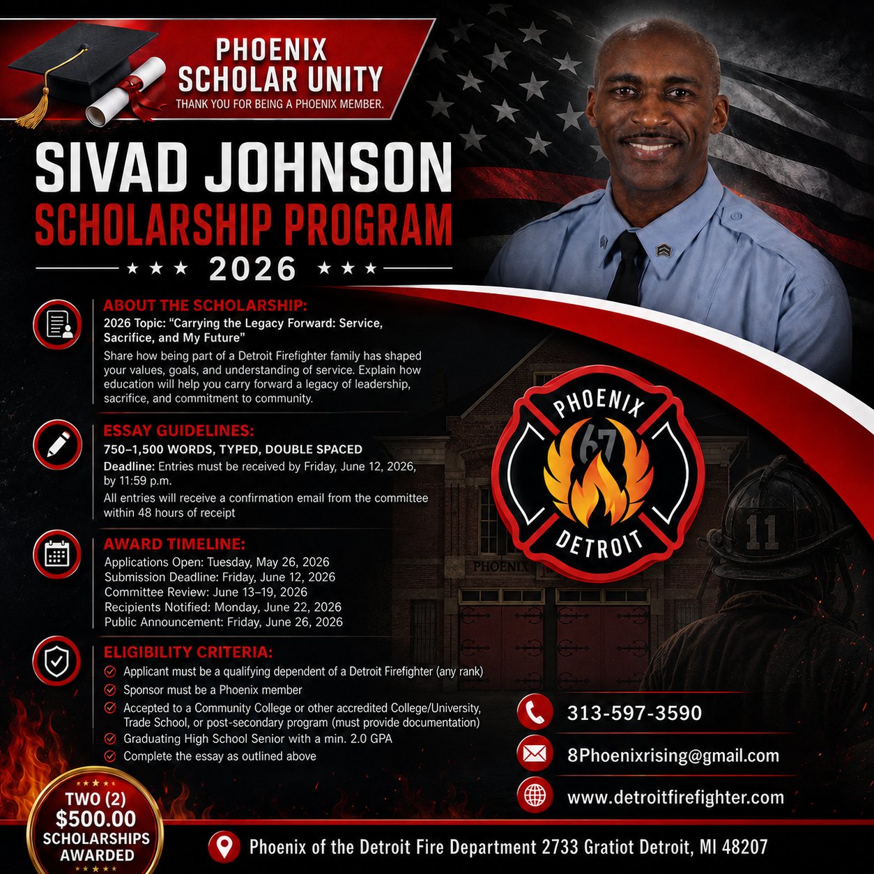 Sivad Johnson Scholarship Program flyer — Honoring Sacrifice, Igniting Futures. Two $500 scholarships awarded annually to qualifying dependents of Detroit Firefighters sponsored by a Phoenix member.